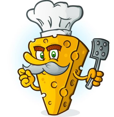 Bıyıklı bir Spatula tutan peynir Şef çizgi film karakteri