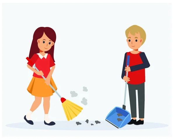 Happy Cute Little Kids Boy Girl Helping Each Other Cleaning — Stock Vector