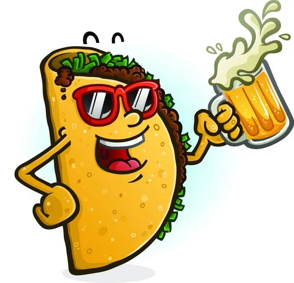 Taco Personaje Dibujos Animados Beber Cerveza — Vector de stock