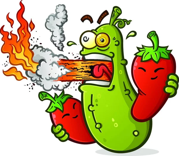 辛辣的泡菜动画片与辣椒呼吸火 — 图库矢量图片