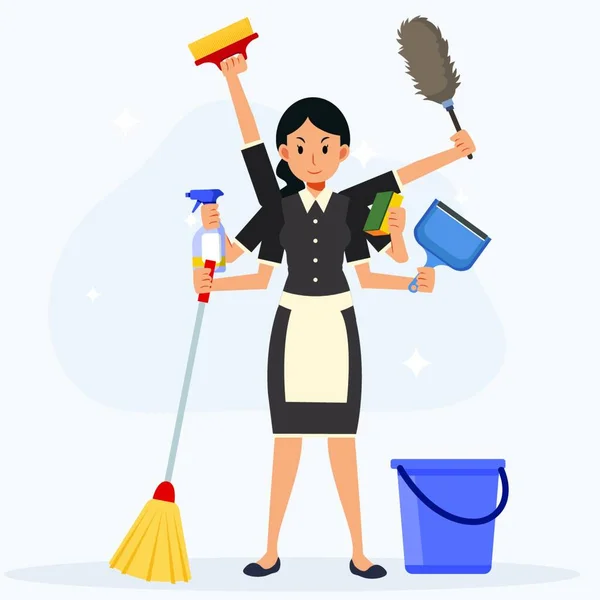 Super Dienstmädchen Und Reinigungsgeräte Flacher Vektor Cartoon Figur — Stockvektor