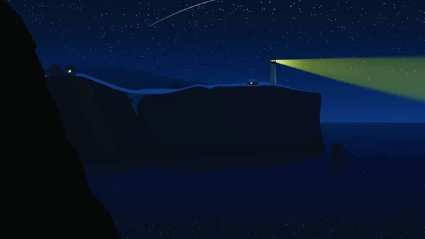Vuurtoren Met Lichtstraal Donkere Nacht — Stockvector