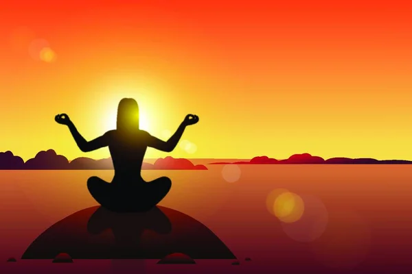 Femme Faisant Yoga Pendant Coucher Soleil — Image vectorielle