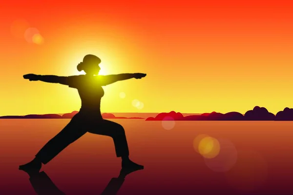 Kvinnan Gör Yoga Solnedgången — Stock vektor