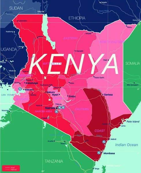 Kenia Land Gedetailleerde Bewerkbare Kaart — Stockvector