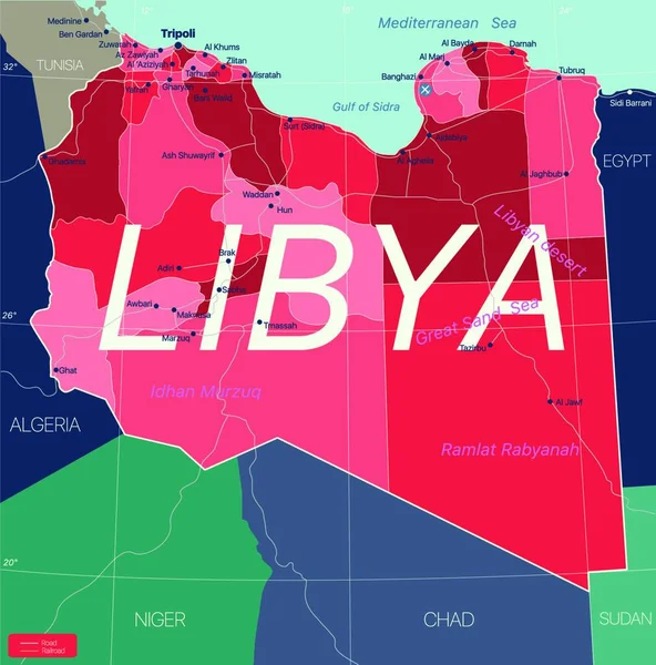 Libia Szczegółowa Mapa Edytowalna — Wektor stockowy