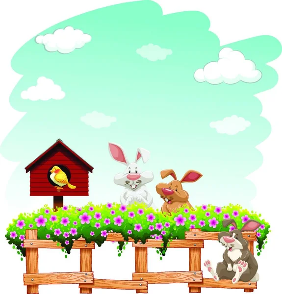 Recinzione Con Conigli Disegno Semplice Illustrazione Vettoriale — Vettoriale Stock