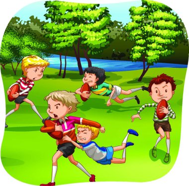 Çocuklar rugby oynuyor, vektör çizimi basit tasarım