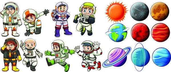 Astronauts Planets Vector Illustration Simple Design — Stock Vector