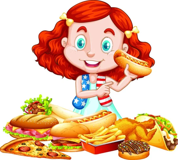 美国女孩和美国食品 — 图库矢量图片