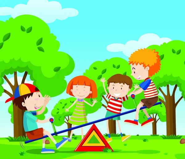 Çocuklar Tahterevalli Parkta Oynarken — Stok Vektör