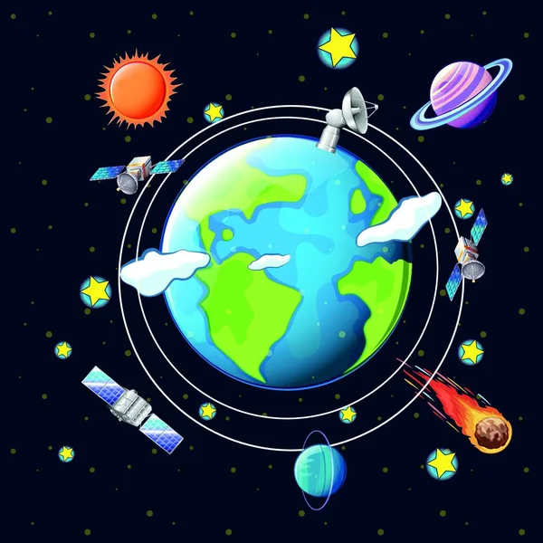 Tema Espacial Con Satélites Planetas Alrededor Tierra — Vector de stock