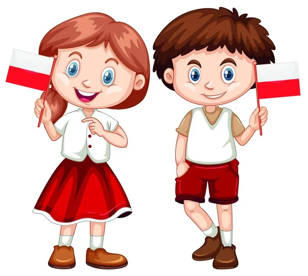 Happy boy and girl holding flag of Poland