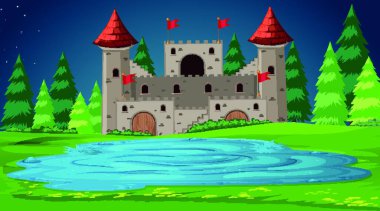 Castle scene at night, vector illustration