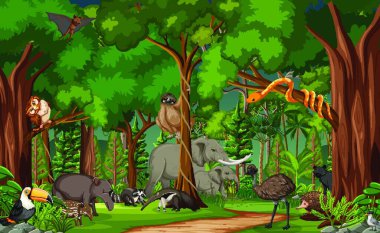 Vahşi hayvan çizgi film karakteri orman sahnesinde