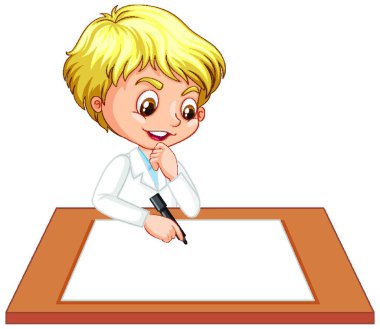 Masasında boş kağıt olan bilim adamı elbisesi giyen bir çocuk.
