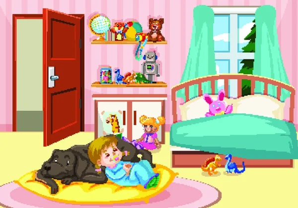 Κορίτσι Κοιμάται Σκυλί Στην Κρεβατοκάμαρα — Διανυσματικό Αρχείο