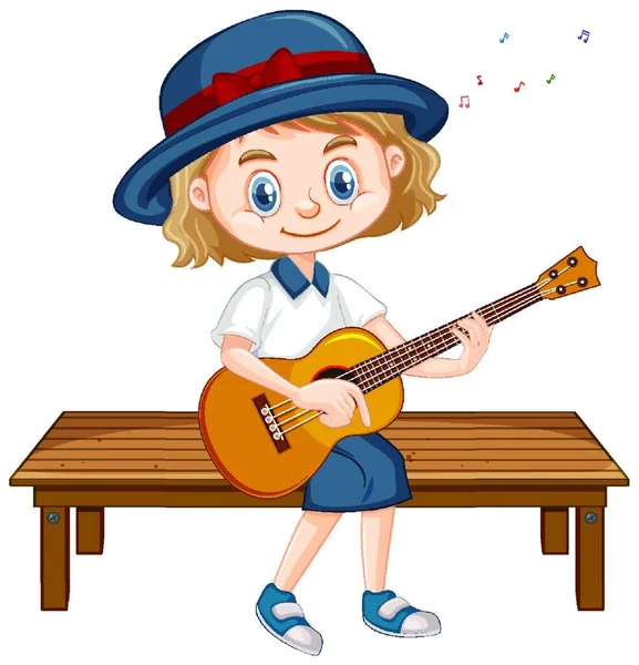 Uma Menina Feliz Tocando Guitarra Assento —  Vetores de Stock