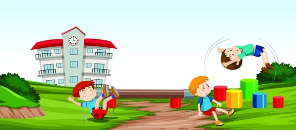 学校の前で遊んでいる子供たち — ストックベクタ