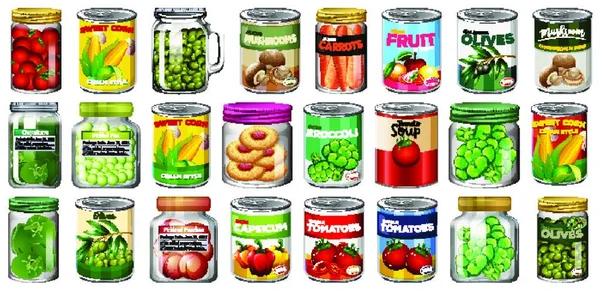 Conjunto Diferentes Alimentos Enlatados Alimentos Frascos Isolados — Vetor de Stock