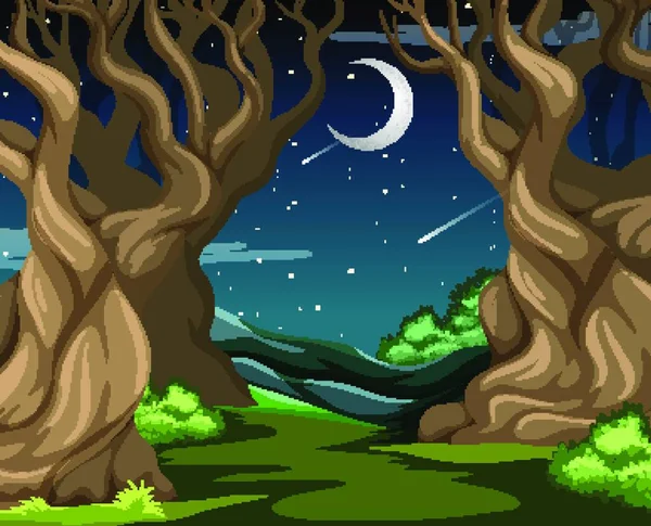 Dark Forest Some Big Trees Night Scene — Vector de stock