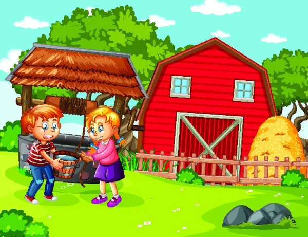 Glückliche Familie Bauernhofszene Cartoon Stil — Stockvektor
