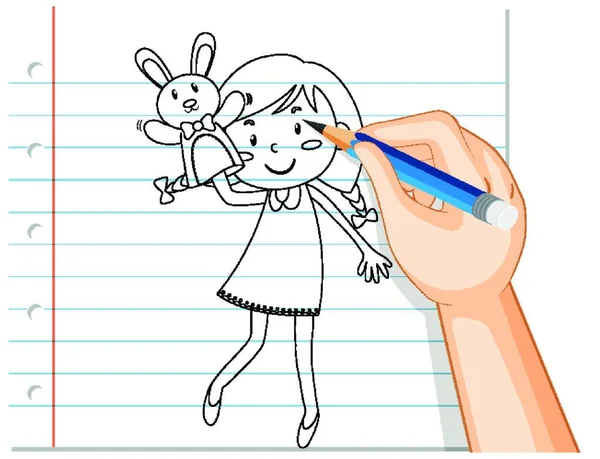 Hand Writing Girl Playing Doll Hand Outline — Stockvector