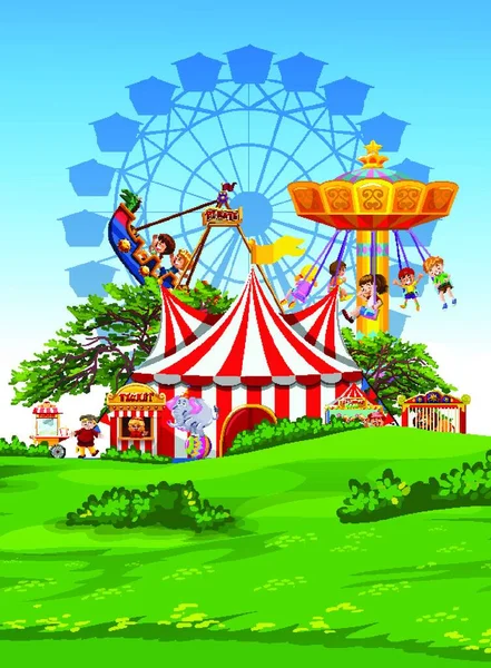 Parc Attractions Bande Dessinée Avec Roue Ferris Aire Jeux Pour — Image vectorielle