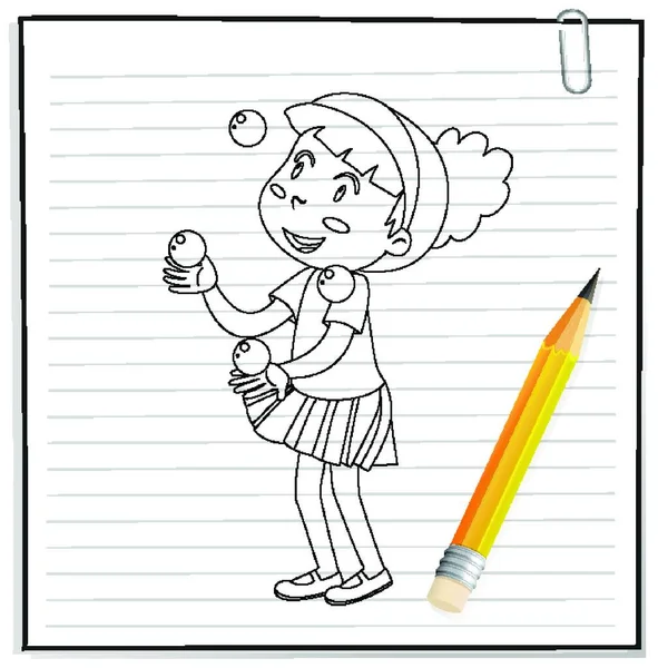 Hand Writing Girl Playing Many Balls Outline — Stock Vector