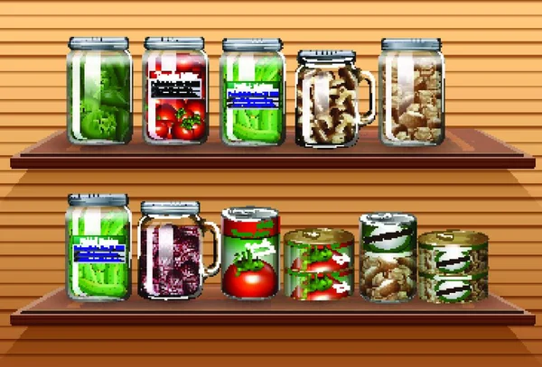 不同的蔬菜 不同的罐子和罐头食品放在壁架上 — 图库矢量图片