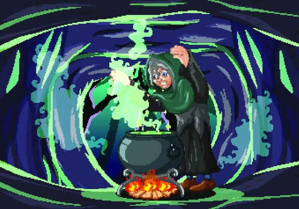 Ведьма Черной Магией Горшок Мультфильм Стиль Темном Фоне Пещеры — стоковый вектор