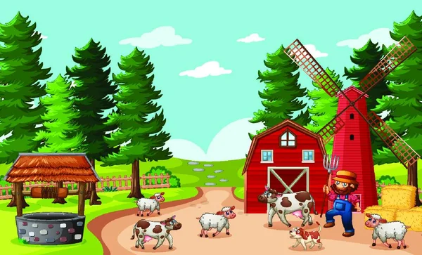 Agricultor Com Fazenda Animais Cena Fazenda Estilo Cartoon — Vetor de Stock