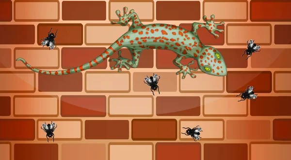 Gecko Tuğla Duvarda Bir Çok Sinek Çizgi Film Stiliyle Uçuyor — Stok Vektör