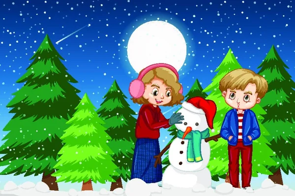 冬の夜の2人の子供と雪だるまとのシーン — ストックベクタ