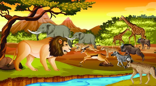 Group of Wild African Animal in the forest scene