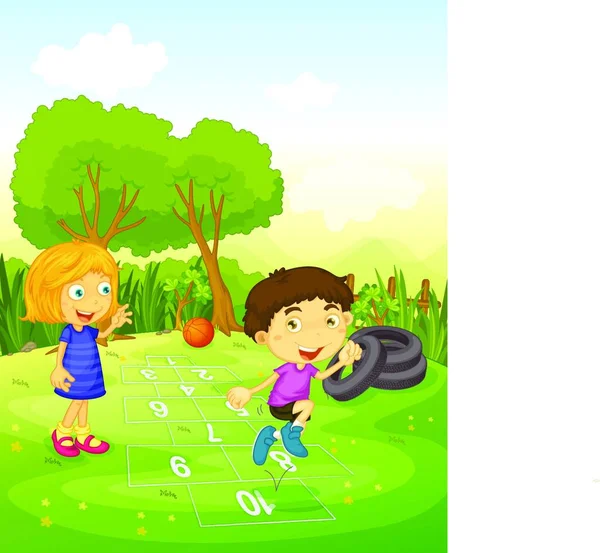 Gelukkige Kinderen Spelen Het Bos Vector Illustratie Eenvoudig Ontwerp — Stockvector