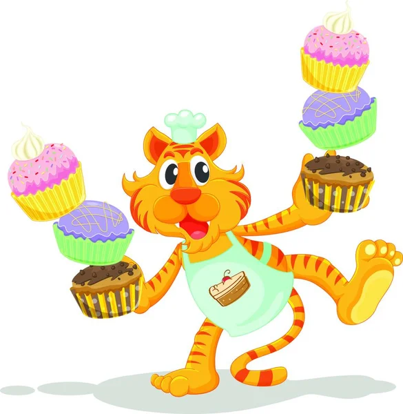 Équilibrer Tigre Avec Illustration Vectorielle Cupcakes — Image vectorielle