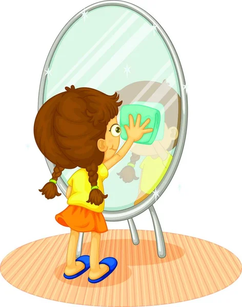 鏡をきれいにする少女現代ベクターのイラスト — ストックベクタ