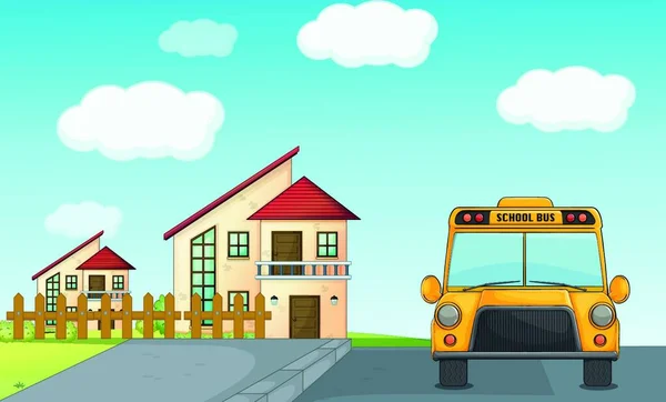一个学校的公共汽车和建筑 — 图库矢量图片