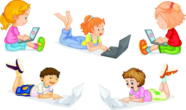 Kinderen Met Laptop Icoon Voor Web Vector Illustratie — Stockvector