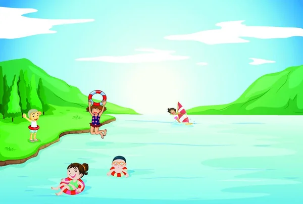 Crianças Nadando Água Moderna Ilustração Vetorial — Vetor de Stock