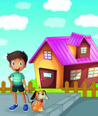 çocuk, köpek ve ev vektör illüstrasyonu