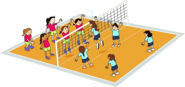 Filles Jouant Volley Ball Illustration Vectorielle Moderne — Image vectorielle