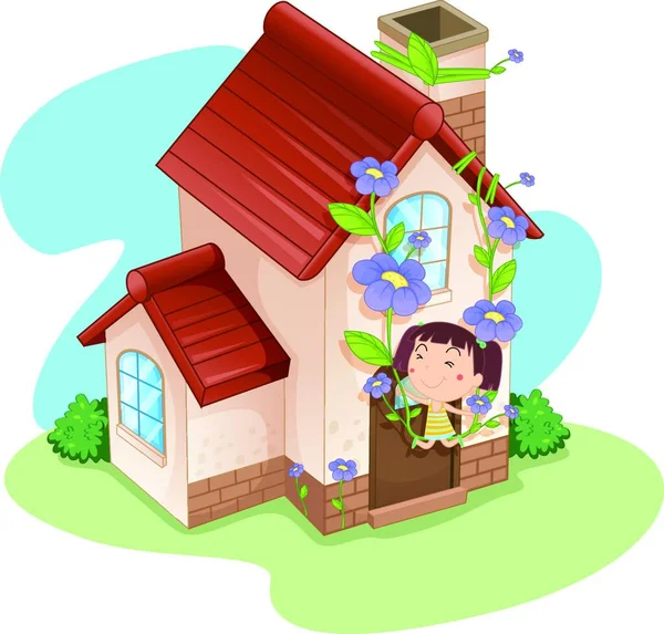 女の子と家のベクトル図 — ストックベクタ