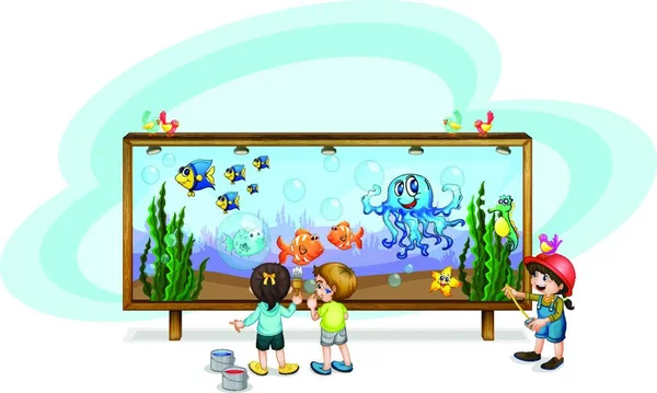 Παιδιά Που Αναζητούν Ψάρια Πολύχρωμη Διανυσματική Απεικόνιση — Διανυσματικό Αρχείο