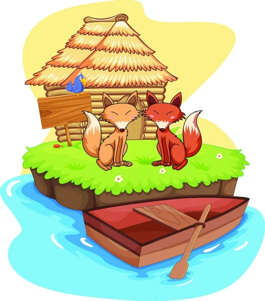 Foxes Cabin Colorful Vector Illustration — Stock Vector