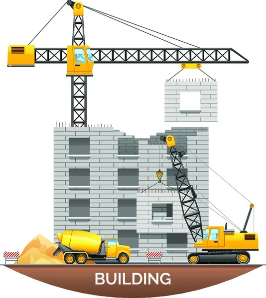 Construcción Edificios Maquinaria Ilustración Plana — Vector de stock