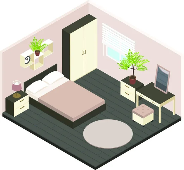 3次元等尺性の寝室のインテリア — ストックベクタ