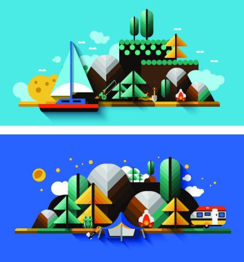 Kamp Manzaraları Vektör illüstrasyonunu ayarla