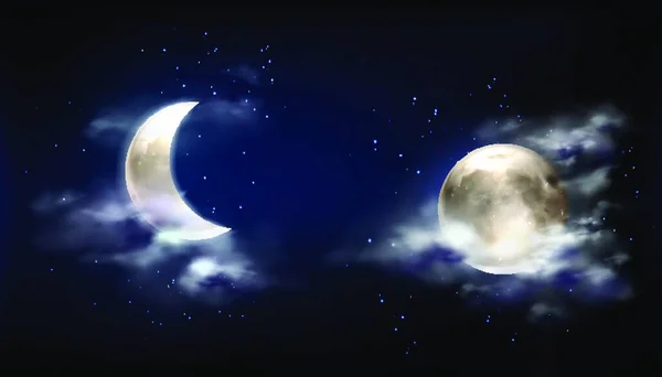 Luna Llena Media Luna Cielo Nocturno Con Nubes — Archivo Imágenes Vectoriales